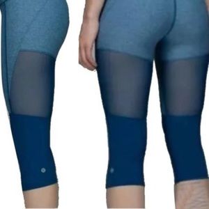 Lululemon Capri Blue Crop Leggings Block Sheer Mesh Exercise Activewear